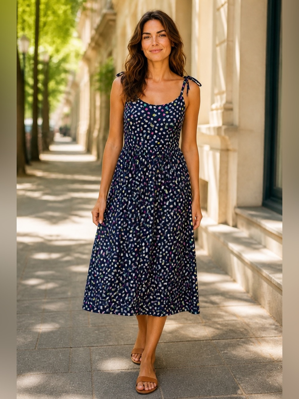 J. Crew Navy Midi Sundress with Multicolor Spot Print